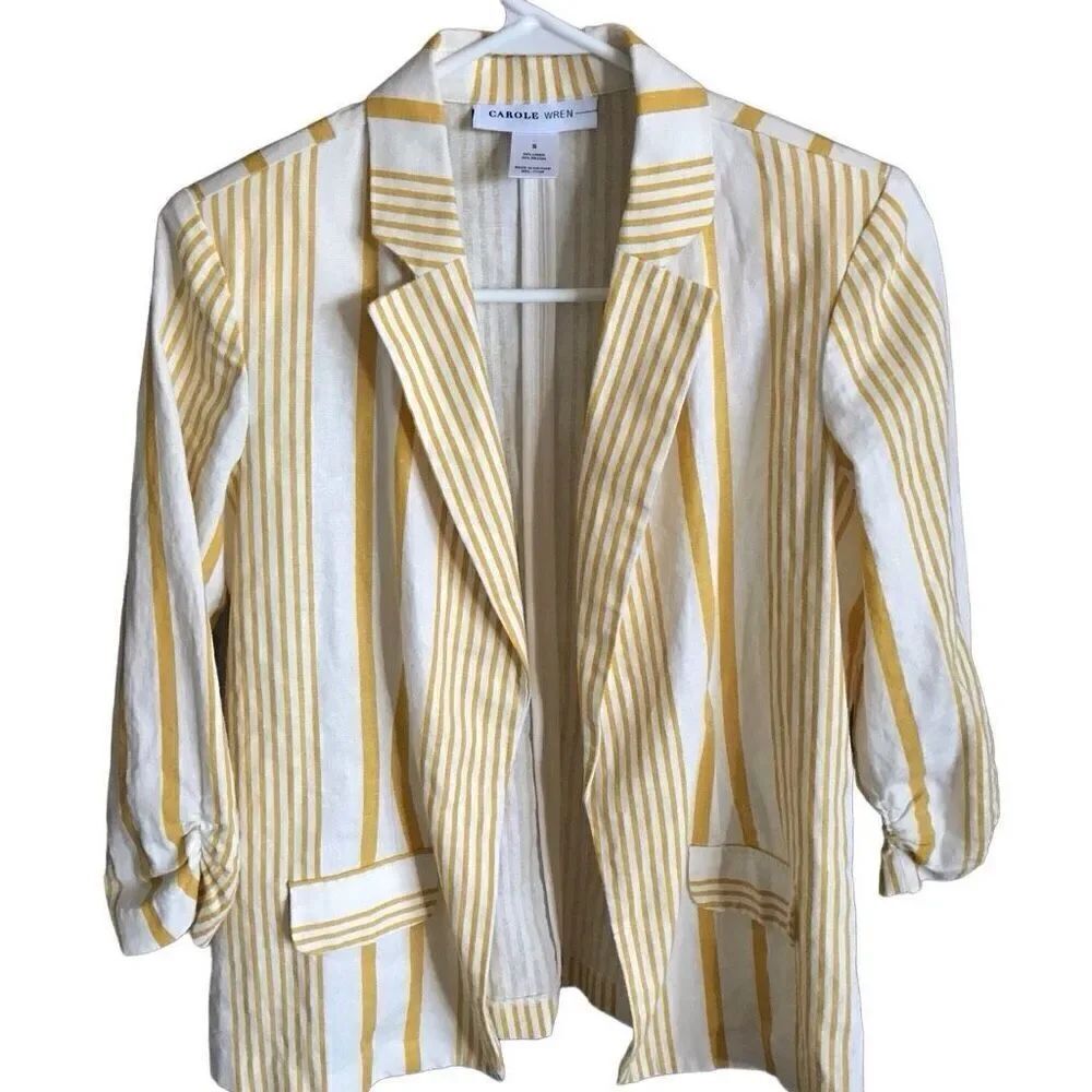 Carole Wren Size Small yellow striped fitted blazer career travel Linen blend